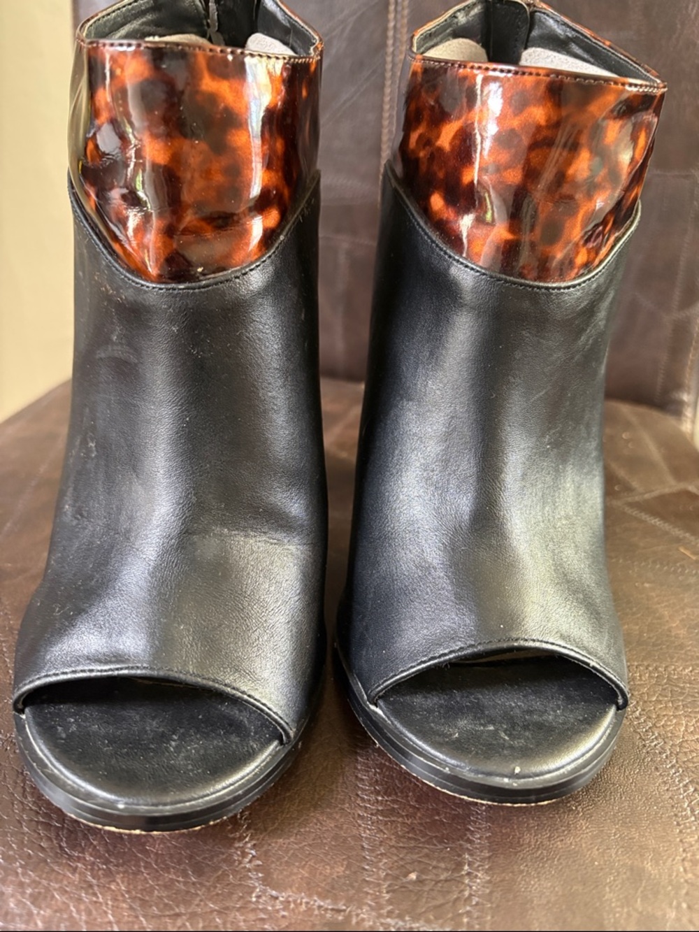 Michael Antonio Black Peep-Toe Ankle Boots with Tortoiseshell Cuff